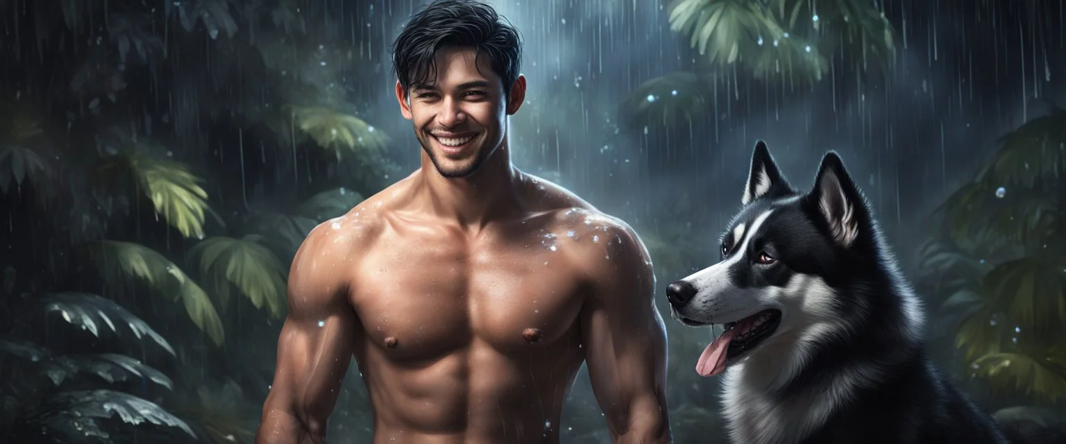 Hyper Realistic handsome shirtless muscular short black hair young man with wet chest smiling & standing with his black husky in a dark mystical jungle at rainy night with glowing crystals