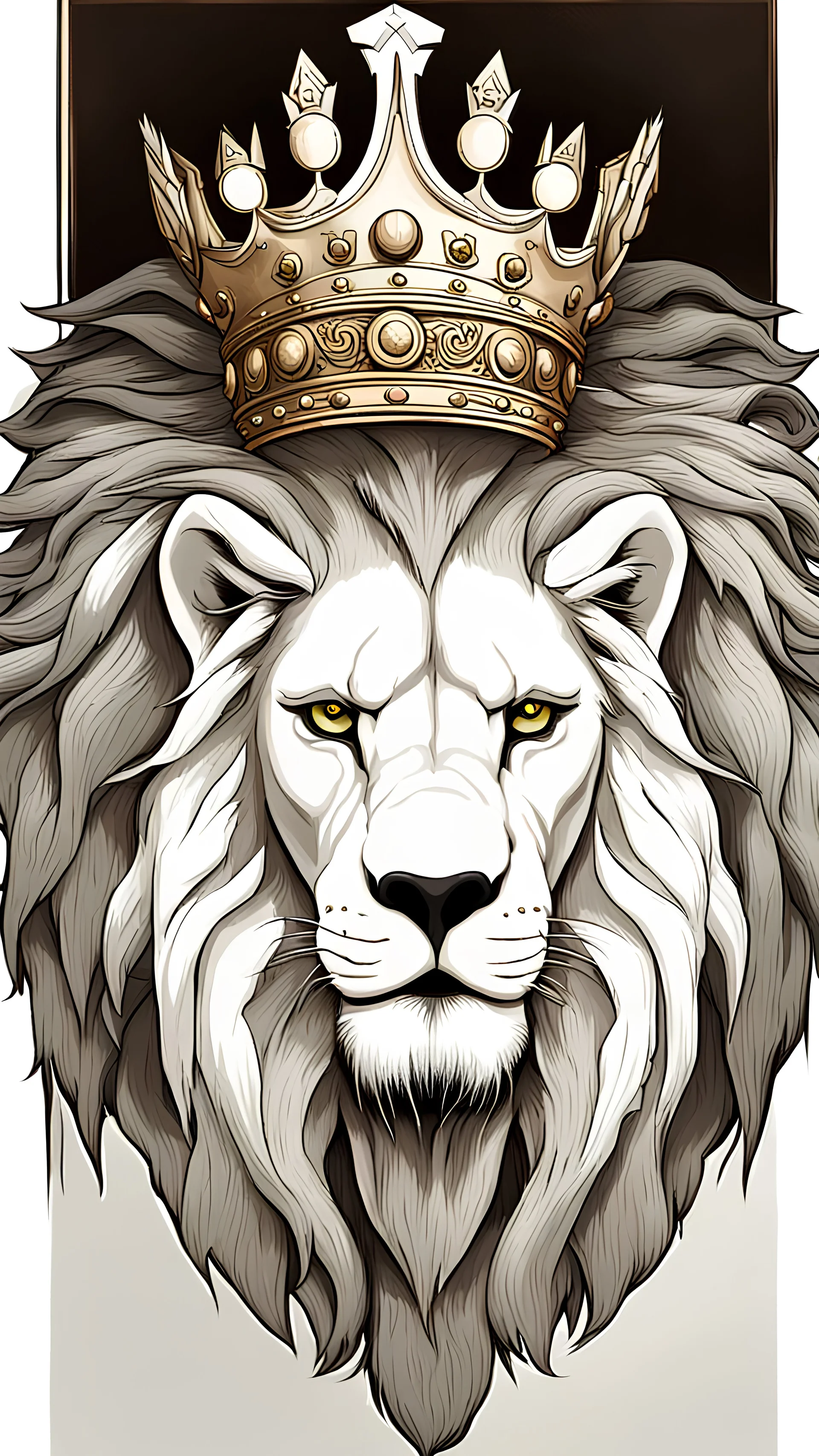 White Lion with kings crown on his head.side far view