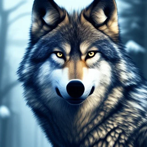 wolf, blue, forest, masterpiece, expert, 8K, hyperrealism, sharp focus, cinematic lighting