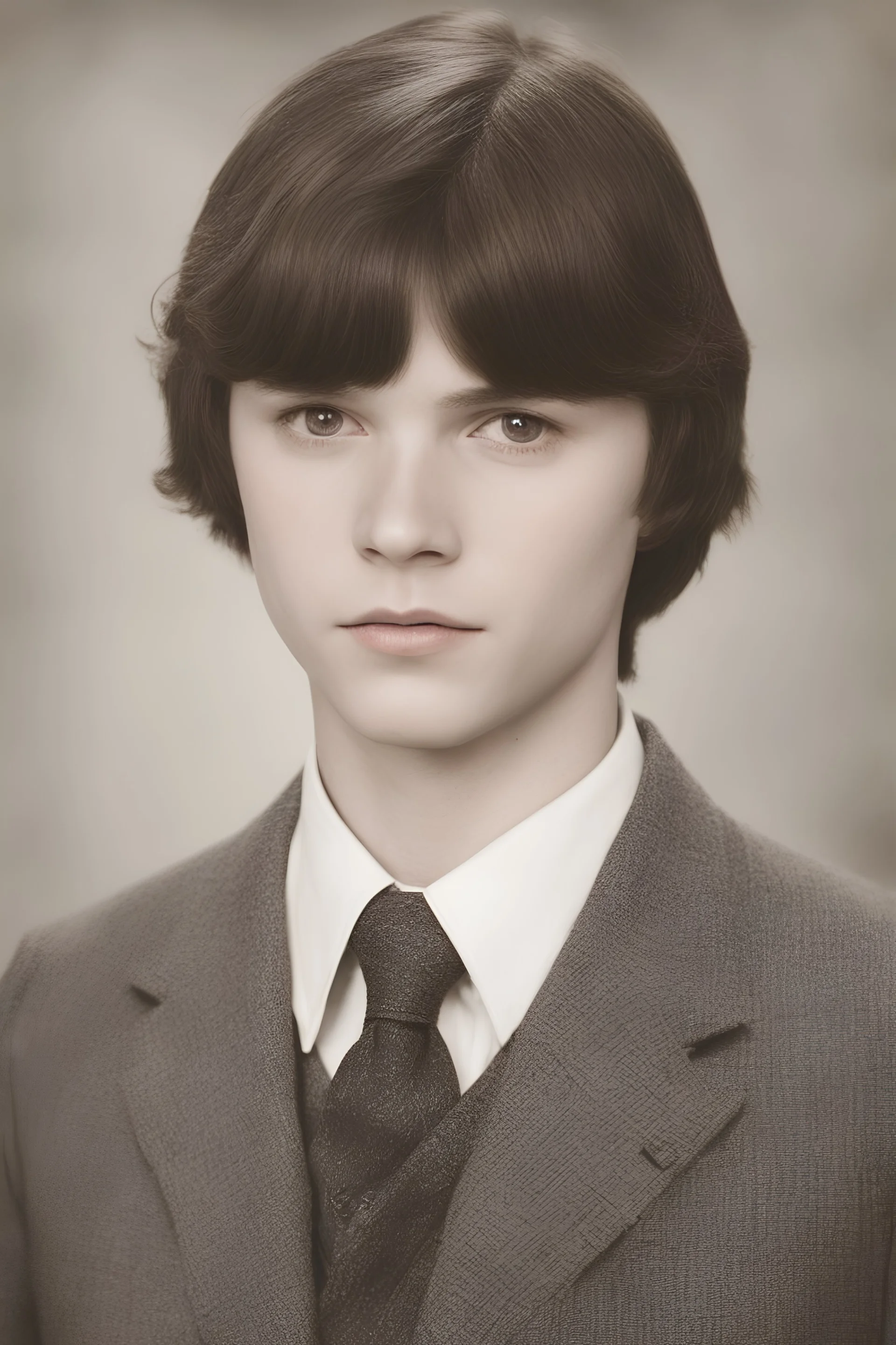 1920's yearbook photo, teenage Carl Grimes (Chandler Riggs) 14 years old, brown hair, 1920's hairstyle and clothes, photorealistic, --ar 9:16 --style raw