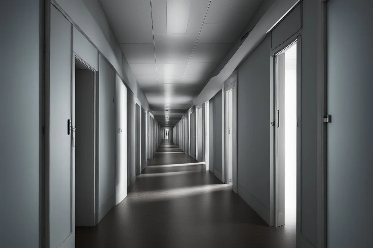 wide corridor full of closed doors with a single open doorway