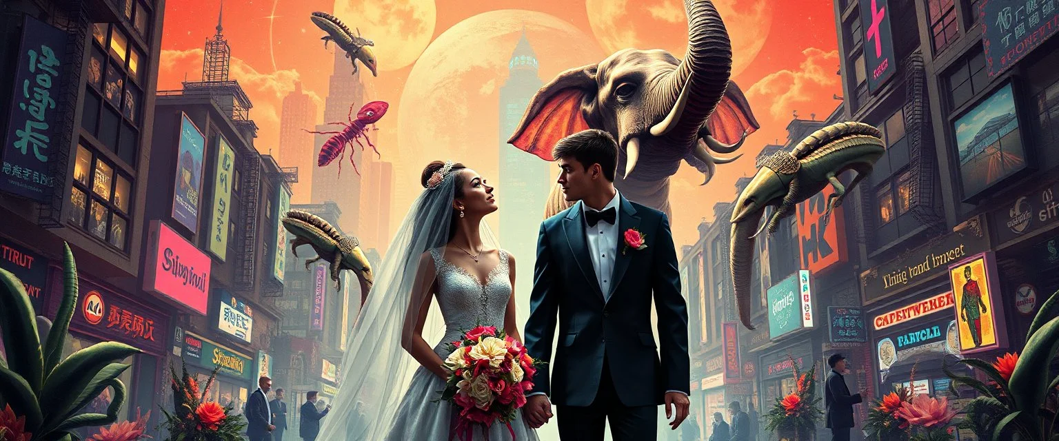 cyber punk city wedding couples promenade portrait of a bear ant eater squid elephant horse dragon floating in 4 dimensions, goa trance movie poster, stylized art, weird endless plants in the style of Dali and Rembrandt