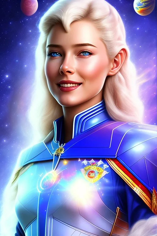 young cosmic woman admiral from the future, one fine whole face, large cosmic forehead, crystalline skin, expressive blue eyes, blue hair, smiling lips, very nice smile, costume pleiadian,rainbow ufo Beautiful tall woman pleiadian Galactic commander, ship, perfect datailed golden galactic suit, high rank, long blond hair,