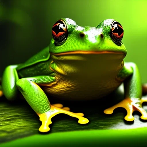 Tropical rain forest, close up of a green frog, background blurry, realistic, unreal engine, artstation, 3D