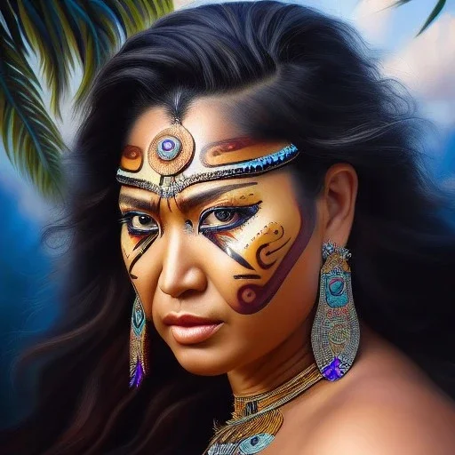 Ultra detailed fullbody Portrait in oil on canvas of busty female Maori warrior,extremely detailed digital painting,ultrarealistic skin,intense stare, extremely detailed face, crystal clear eyes, mystical colors ,perfectly centered image, perfect composition, rim light, beautiful lighting,masterpiece ,8k, stunning scene, raytracing, anatomically correct, in the style of Simon Bisley and Ohrai Noriyoshi and robert e howard and Steve Jung and Wizyakuza and uncannyknack.