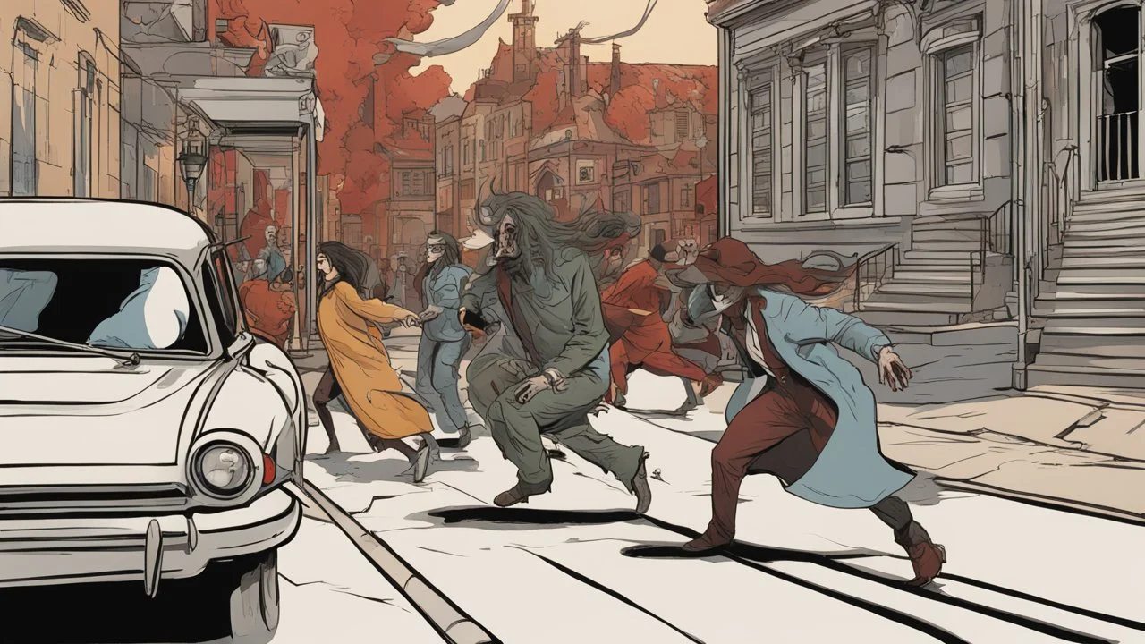 Creatures from 'Fiend without a face' chasing a woman down a street, detailed design, deep colour