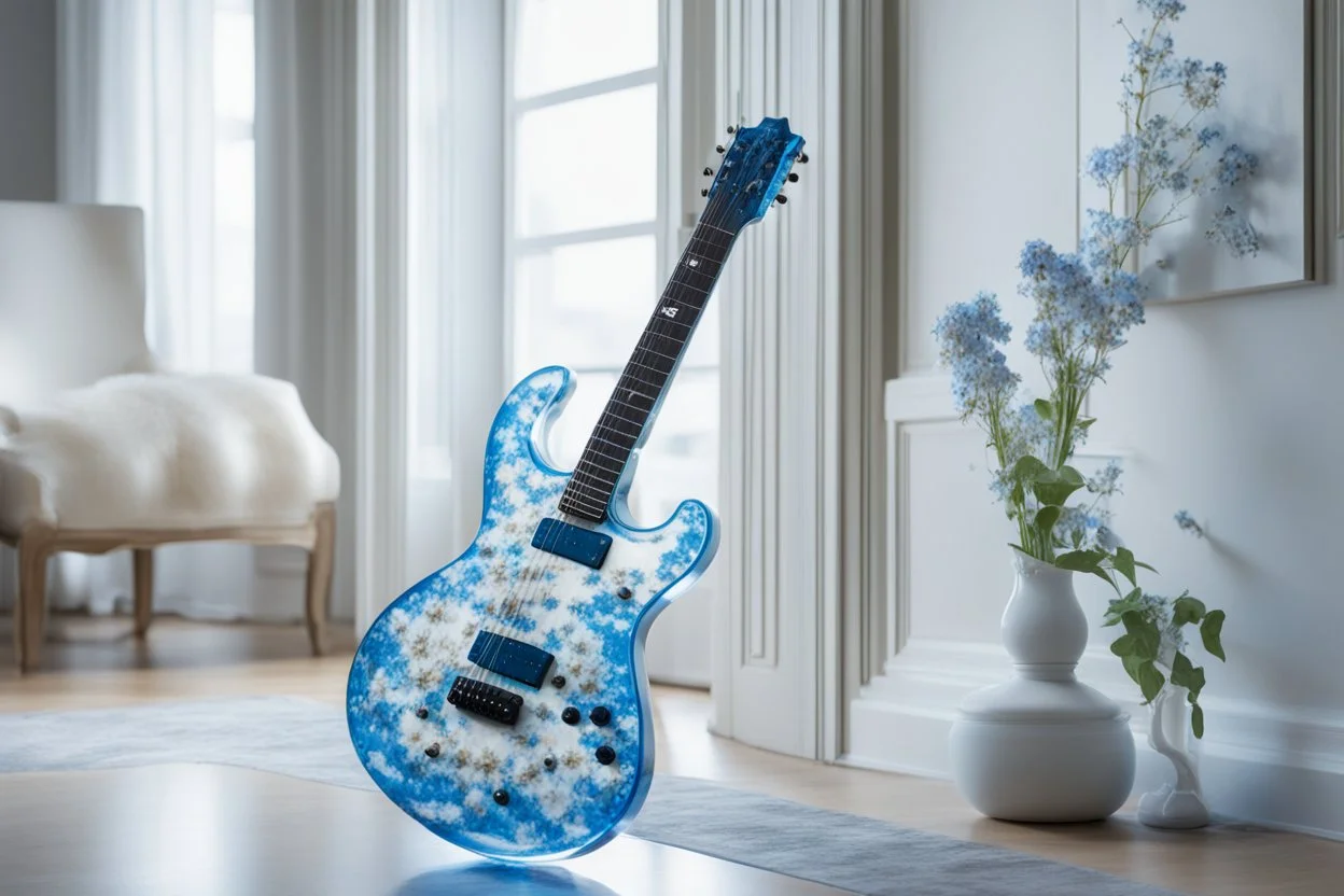 A lovely clear transparent resin guitar with forget-me-not design in a modern room in sunshine