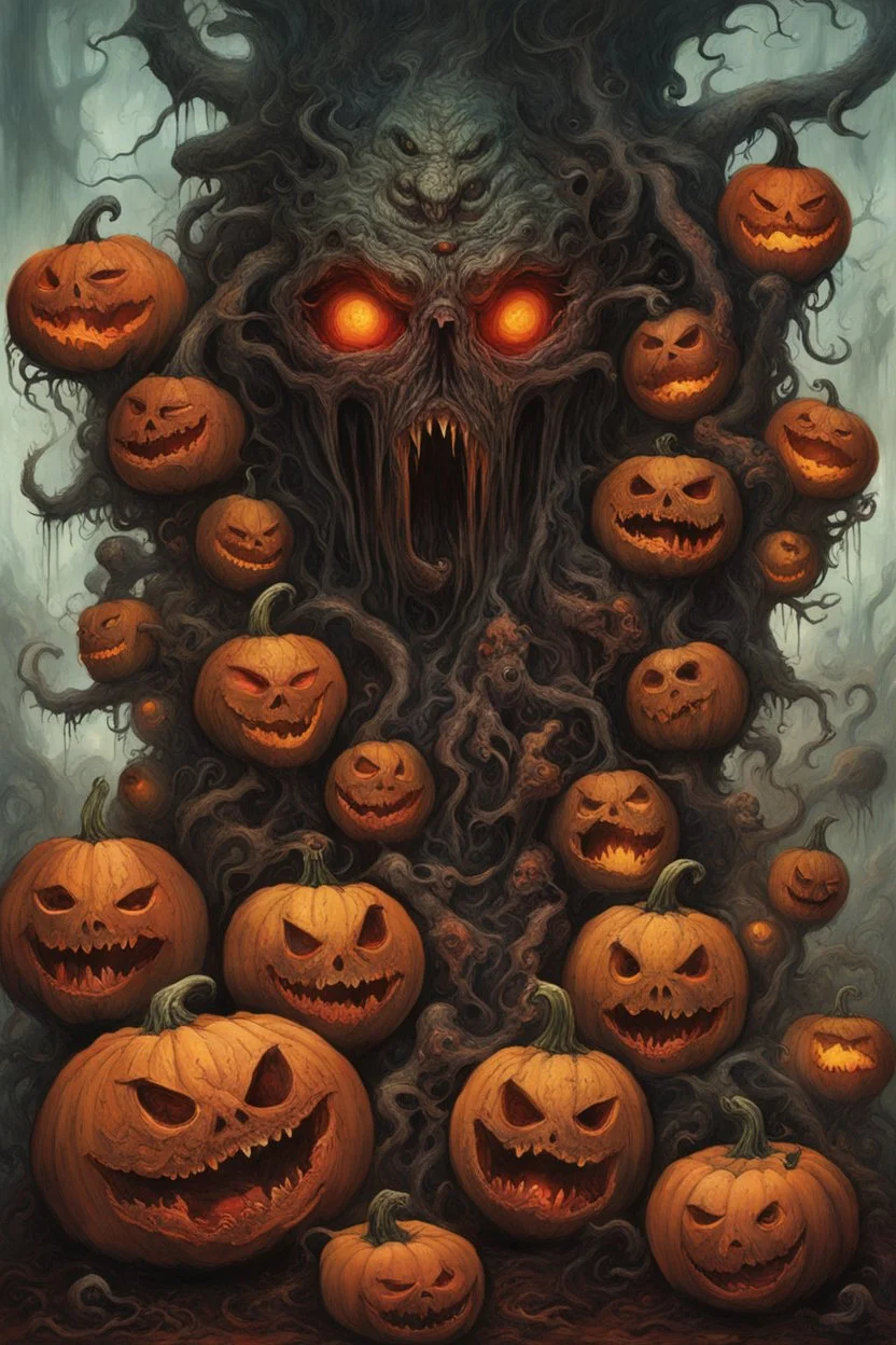 Hypersurreal stacked lovecraftian Jack-O-Lantern pile, Eldritch Cthulhu mythos, dramatic expansive fantasy horror masterpiece, by Greg Rutkowski, by Carne Griffiths, by Jeremy Mann, by Zdzislaw Beksinski, vibrant dark colors, evil pumpkin carving, hyperdetailed wet brush matte painting; dramatic, deep red-black-orange colors