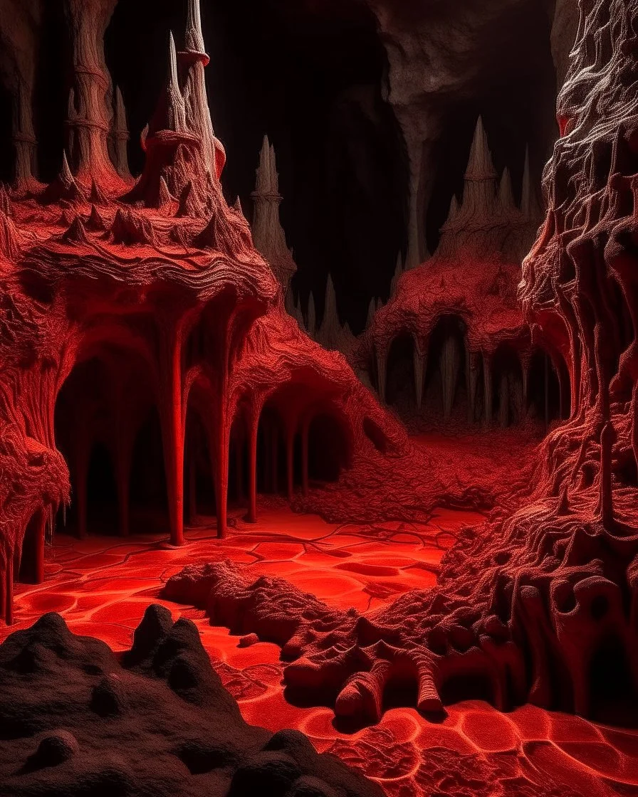 A dark red volcanic underworld with bones painted by Antoni Gaudi