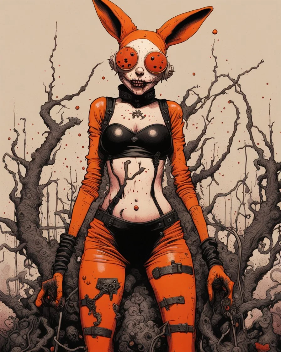 Tank girl, rabbit mask, orange and black short hair, latex suit, highly detailed, fullbody, splashes blood, behind guts rising from the ground, papercut illustration by <John Kenn Mortensen>, darkred tones,