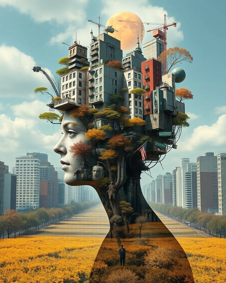 Masterpiece of Art - Beautiful The Vulnicura kafkaesque headpieces Winning Award Photography Art,Surreal blend head pretty of urban city buildings and natural elements, defying the laws of physics