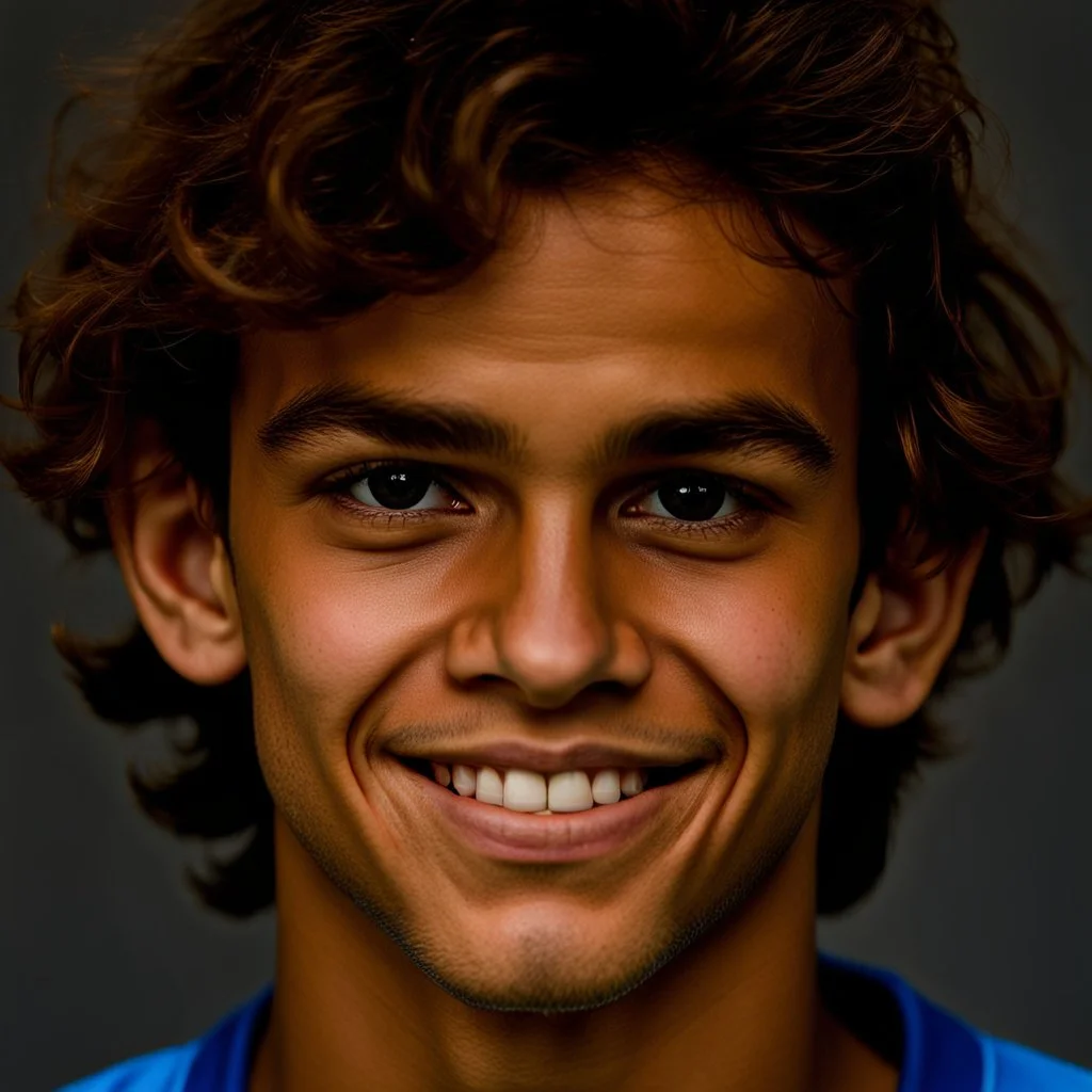 85mm DSLR color photography of a very detailed headshot fitting all of head and hair in frame. 17-year-old Brazilian soccer player, with brown hair color and no facial hair and has very short hair and with a small smile, grey background make him look mor rough