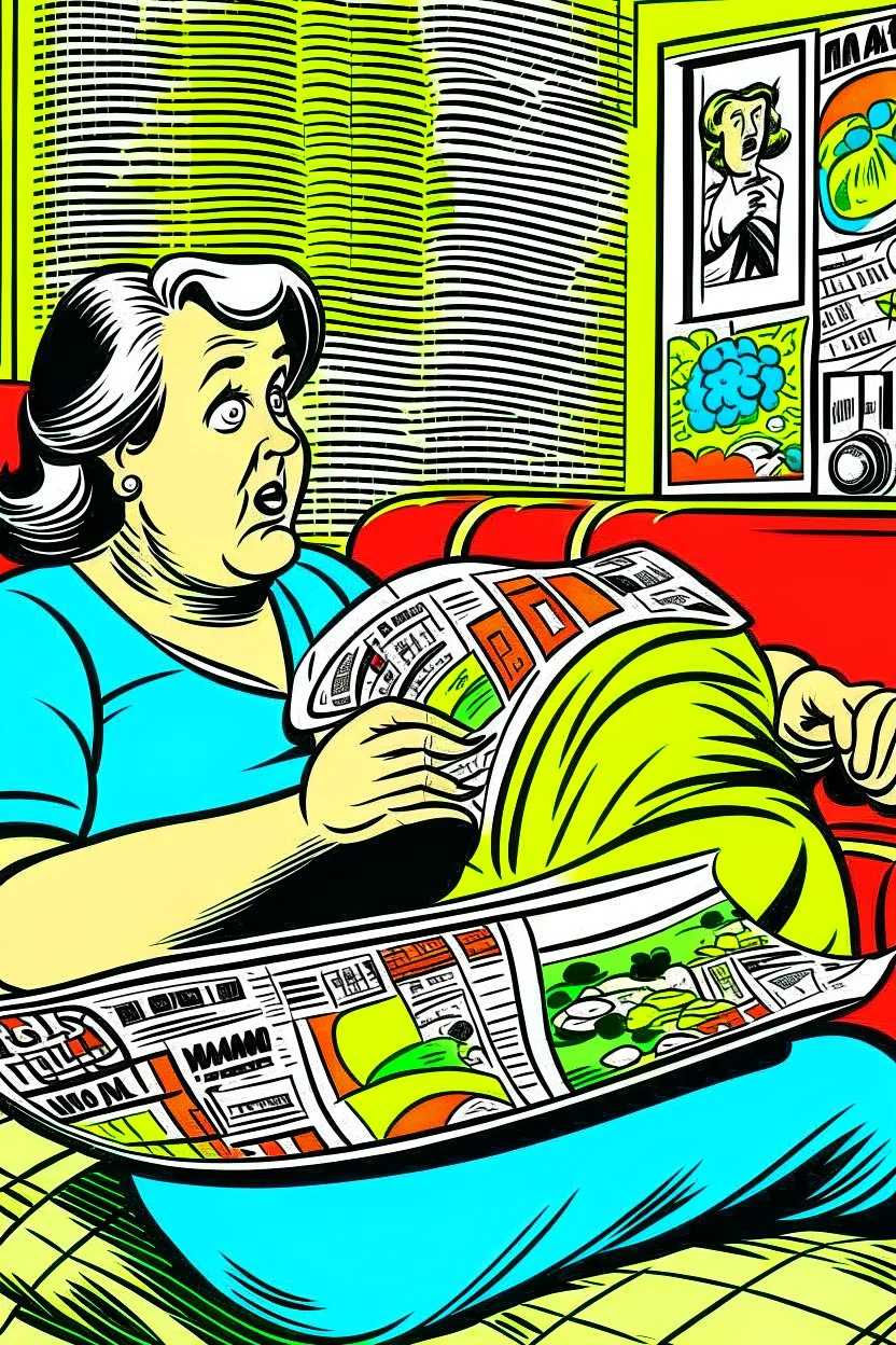 fat woman sitting on sofa READING NEWS PAPER listening to radio watching tv news WITH BIG BOTTLE OF SODA AND EATING BIG BAG OF POTATO CHIPS in a room with signs of propaganda in the style of roy lichtenstein