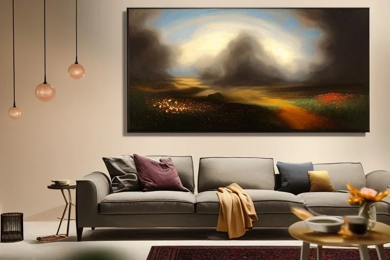 breathtaking oil painting with palette knife of a undulating landscape in luxurious nature, volumetric lighting, with intricate art nouveau moody dark tumultuous volumetric clouds, at dawn with roses and golden petals flying, rembrandt style, concept art, matte, by krista schumacher and georgia hart