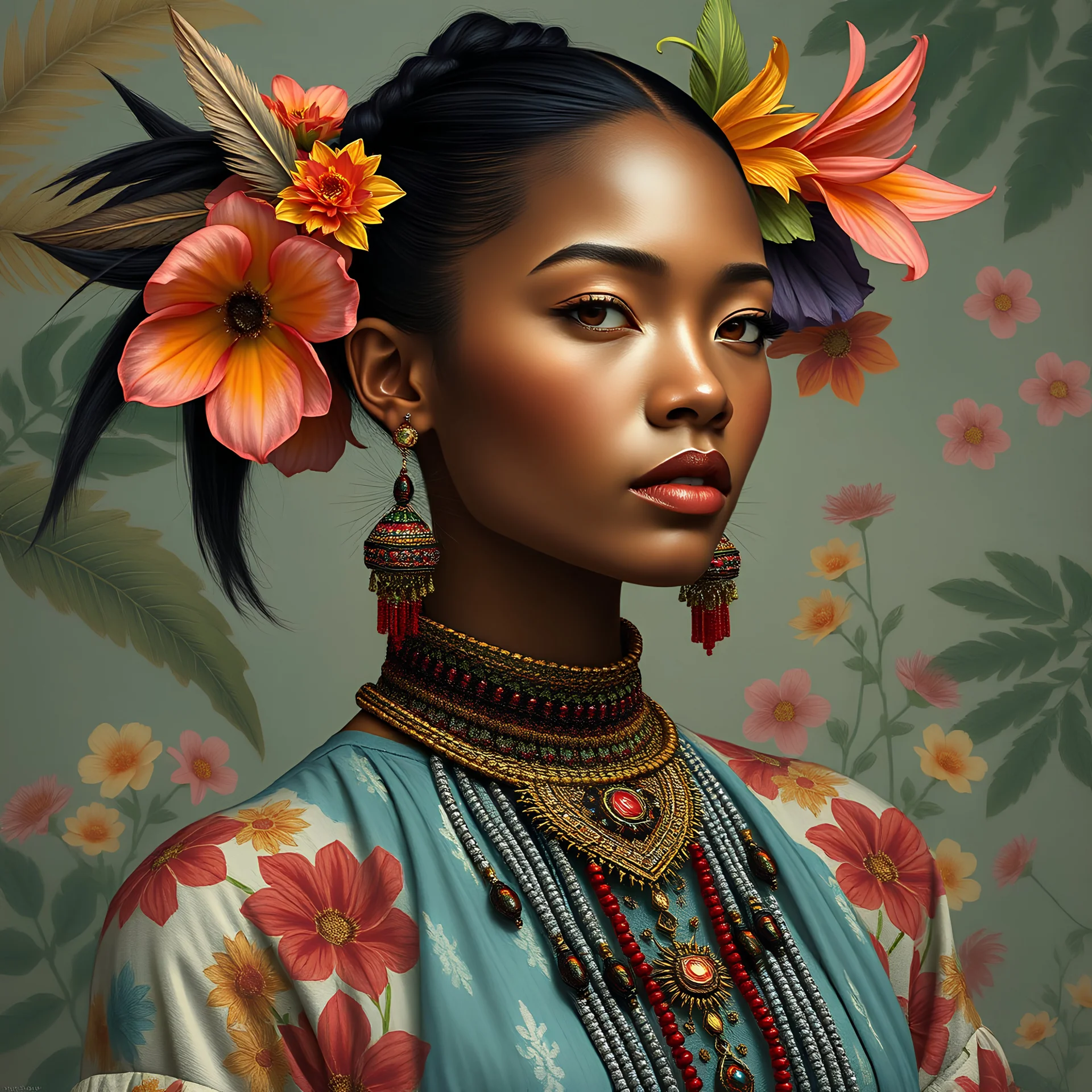 beautiful woman wearing fantastic hand-dyed cotton clothes, embellished beaded feather decorative fringe knots, colorful pigtail , subtropical flowers and plants, symmetrical face, intricate, elegant, highly detailed, 8k, digital painting,trending on pinterest, harper’s bazaar, concept, art, sharp focus, illustration, Tom Bagshaw, Lawrence Alma-Tadema, Alphonse Mucha