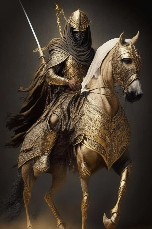 Arab warrior Full Body Full Armored Wearing Face Masculine Mysterious Powerful Fantasy High Quality Carrying his bow Golden clothes His horse behind him