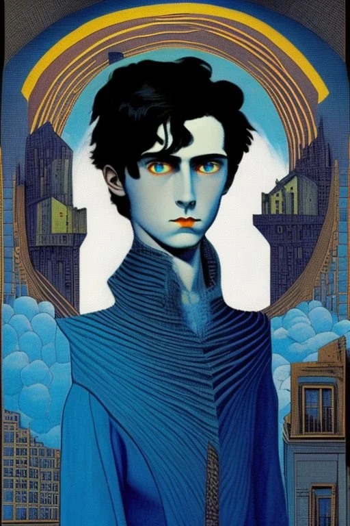 young black haired blue eyed wizard in the style of max ernst