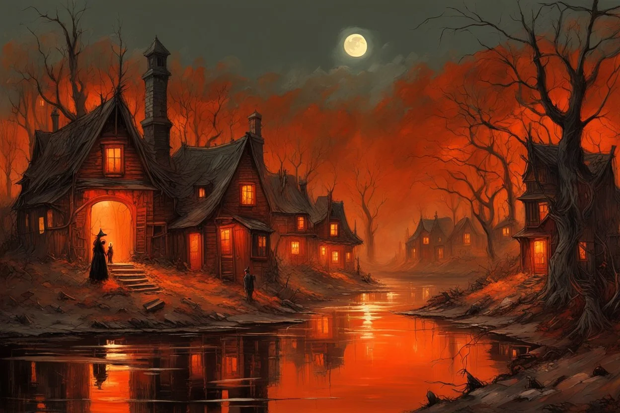 Sinister witch's village street on lakeshore, expansive haunted creepy small village landscape, full harvest moon, by Alexander Jansson, by Jeremy Mann, by Francisco Goya; hyperreal; deep vibrant rich orange, black, and red color scheme; ultra intricate complex detail, reflections, cel-shading, creepy silhouettes, watercolor impressionism.