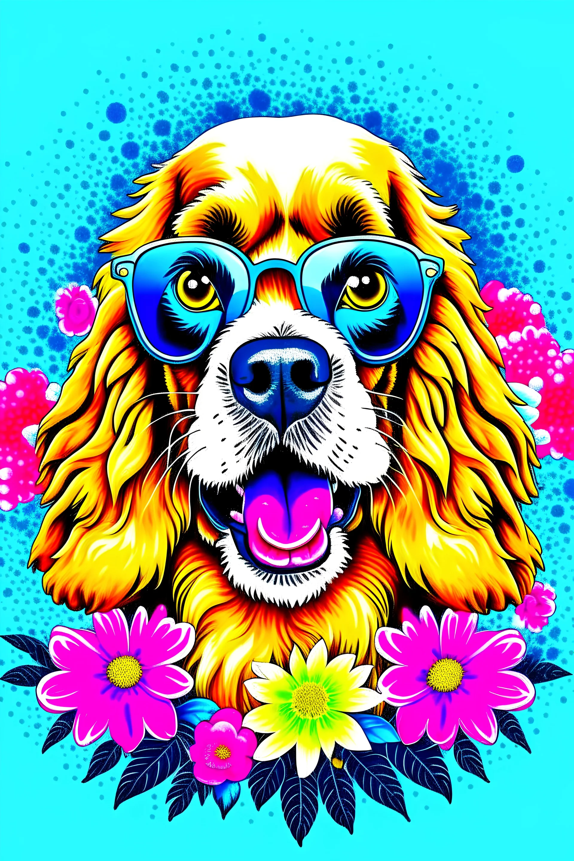 A detailed illustration of a happy Cocker Spaniel dog face, wearing trendy sunglasses, t-shirt design, flowers splash, t-shirt design, in the style of Studio Ghibli, pastel tetradic colors, 3D vector art, light background, cute and quirky, fantasy art, watercolor effect, bokeh, Adobe Illustrator, hand-drawn, digital painting, low-poly, soft lighting, bird's-eye view, isometric style, retro aesthetic, focused on the character, 4K resolution, photorealistic rendering, using Cinema 4D