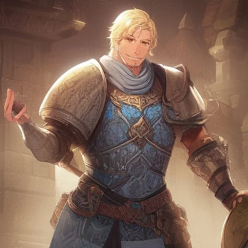 A nord male battlemage from Skyrim, full plate nordic armor, blond hair of medium length, hearty, smiling, thick short beard