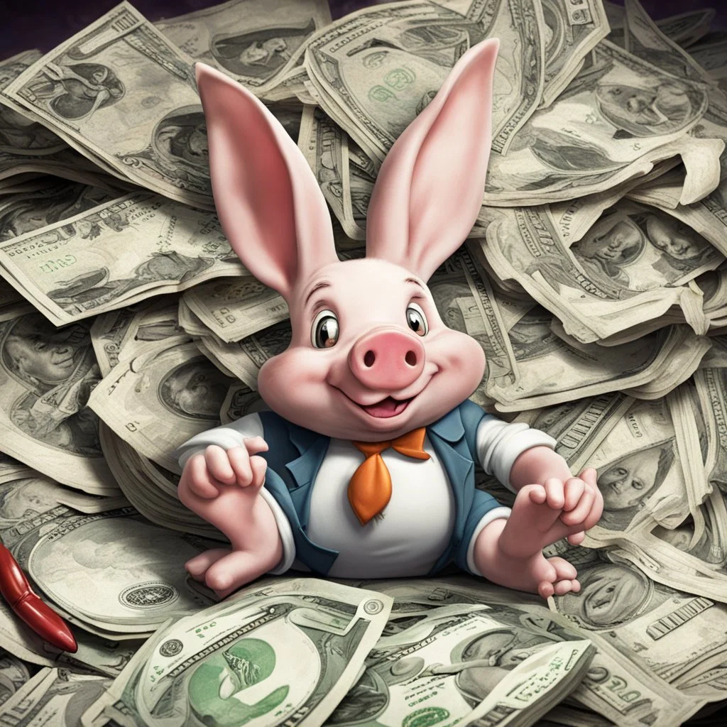 piggish cloven foot lying on stacks of money, bugs bunny playing poker