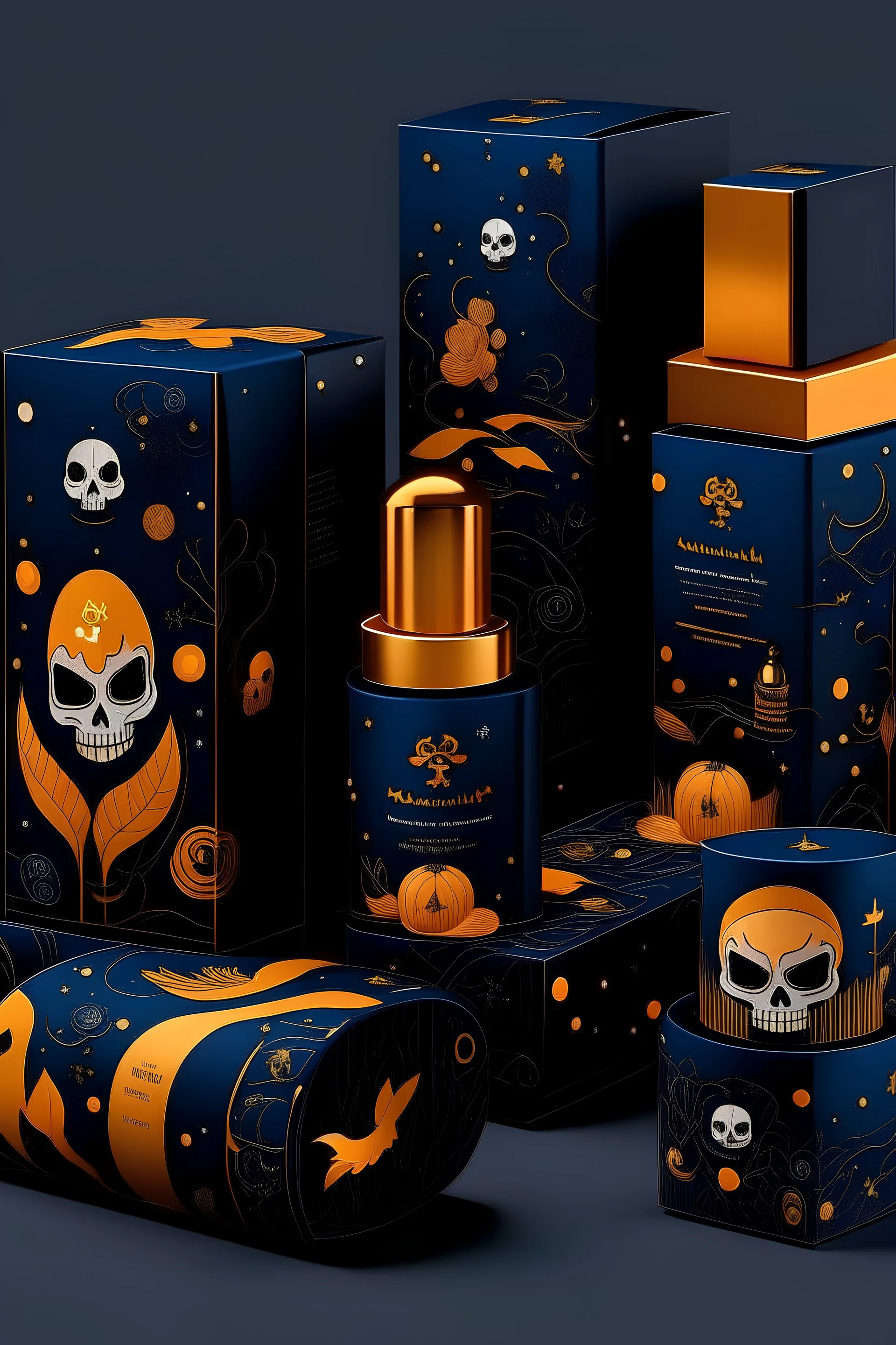 Cosmetic packaging in a Halloween theme. Featuring graphic outlines small estetic of pumpkin, bat, moon, skull, and ghosts. for preeten girl In navy blue, gold, and black colors. Please arrange the packaging in an interesting style, ideal for Instagram.