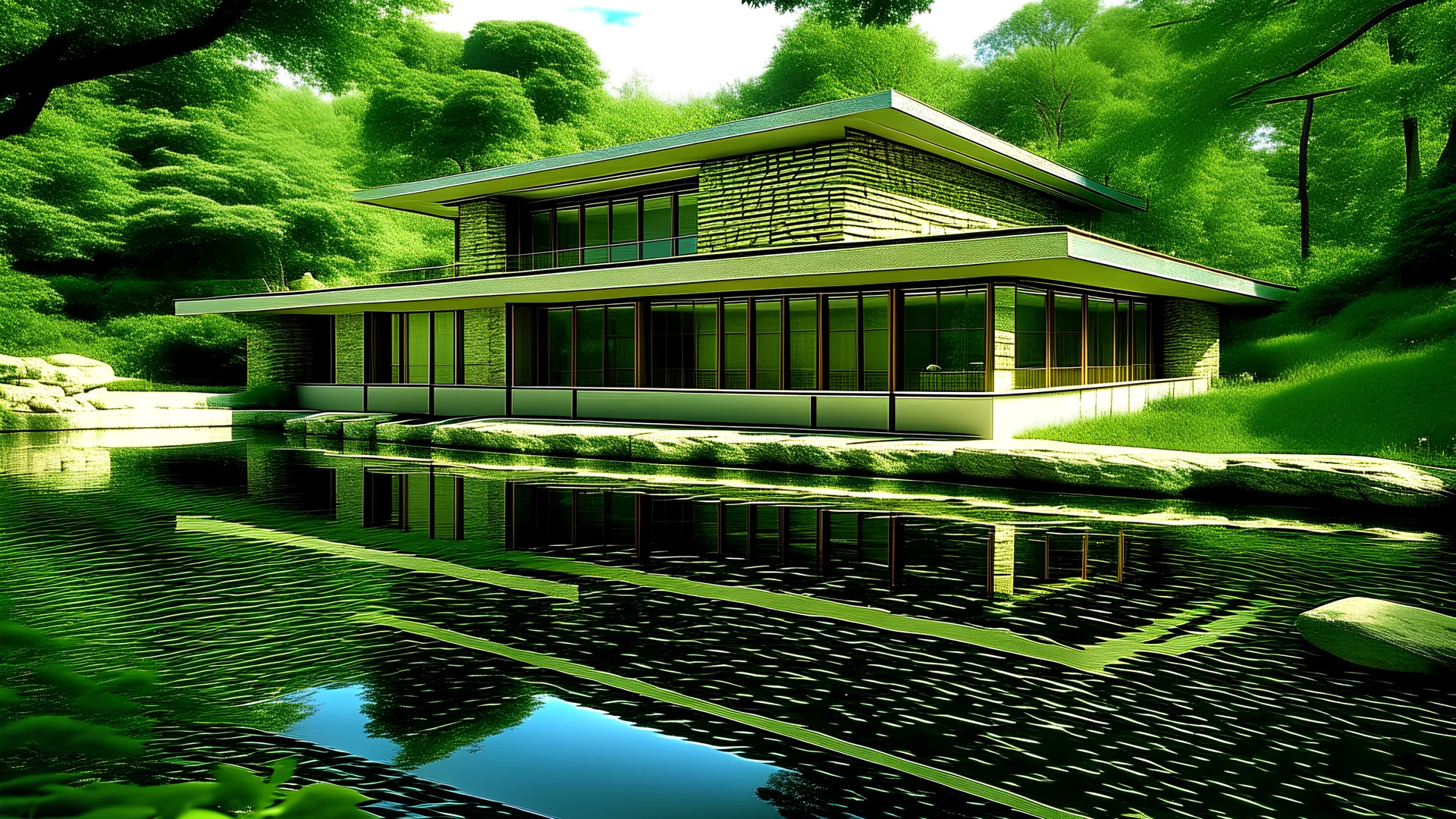 an avantgardist house sitting next to a body of water, cartography, by Jon Coffelt, flickr, modernism, reflections, shady, edited in photoshop, frank lloyd wright