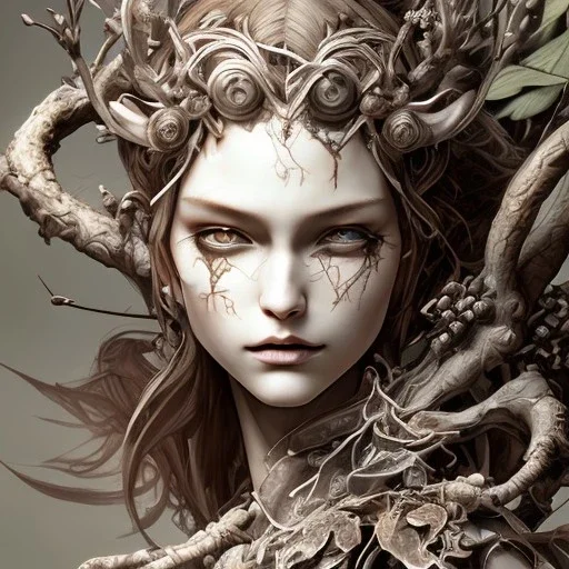  illustration by <Yoji Shinkawa>, intricate detail , high lighting, karlan, rusty metal, Dryad, fae, sidhe, ominous, nature, plants, wildflower, facepaint, dnd character portrait,singer Danish MØ face,