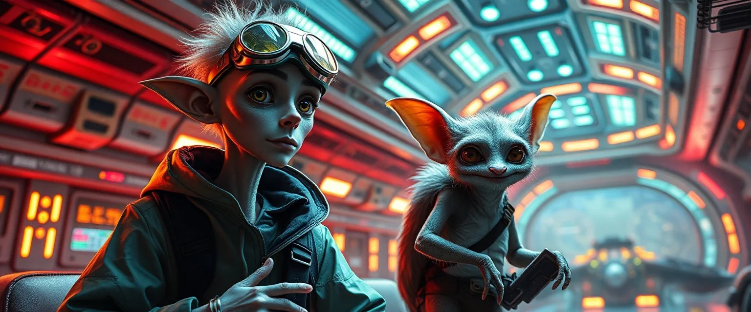 portrait of researcher slender alien rich kobold hill billy fluffy captain pilot focus gremlin cyber punk with two crew members, in sci fi air ship waiting hall, in future dynasty, depth of field, lights with rainbow aura