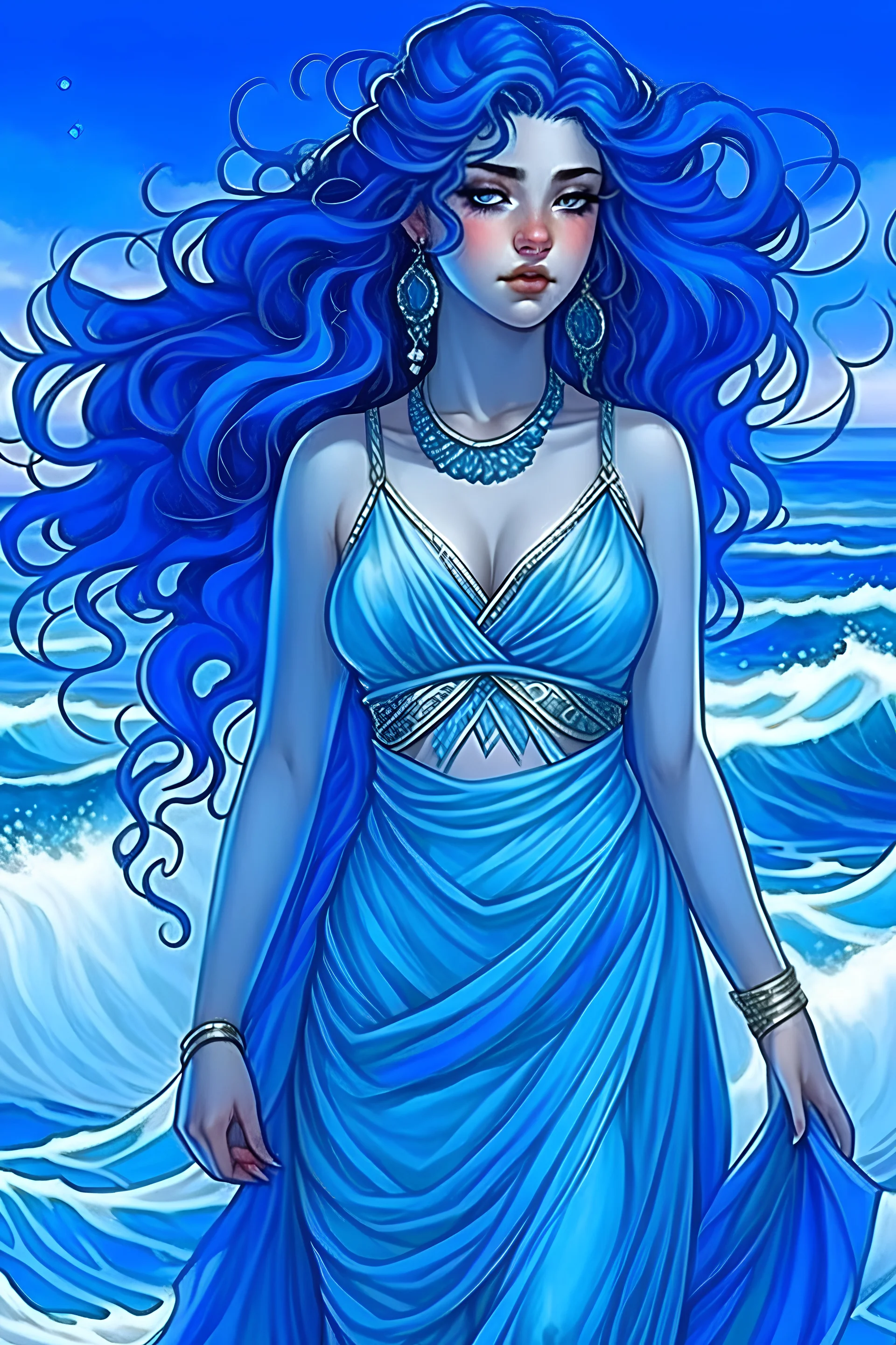 goddess, Light blue skin, dark blue hair and eyes, white flowing dress, shells in hair and dress, barefoot, strong features, muscled, wide hips, curvy, water tattoo on chest, long curly hair. blue skin. Skin is the colour blue. blue skin. blue skin. blue-skinned. light blue-skinned. Unnatural skin colour, alien, blue skin. alien. alien. blue-skinned. big hips. large chest. curvy, blue skin. alien. blue-skinned. alien. alien. blue-skinned. skin is blue. goddess. goddess, alien. blue skin. blue-sk