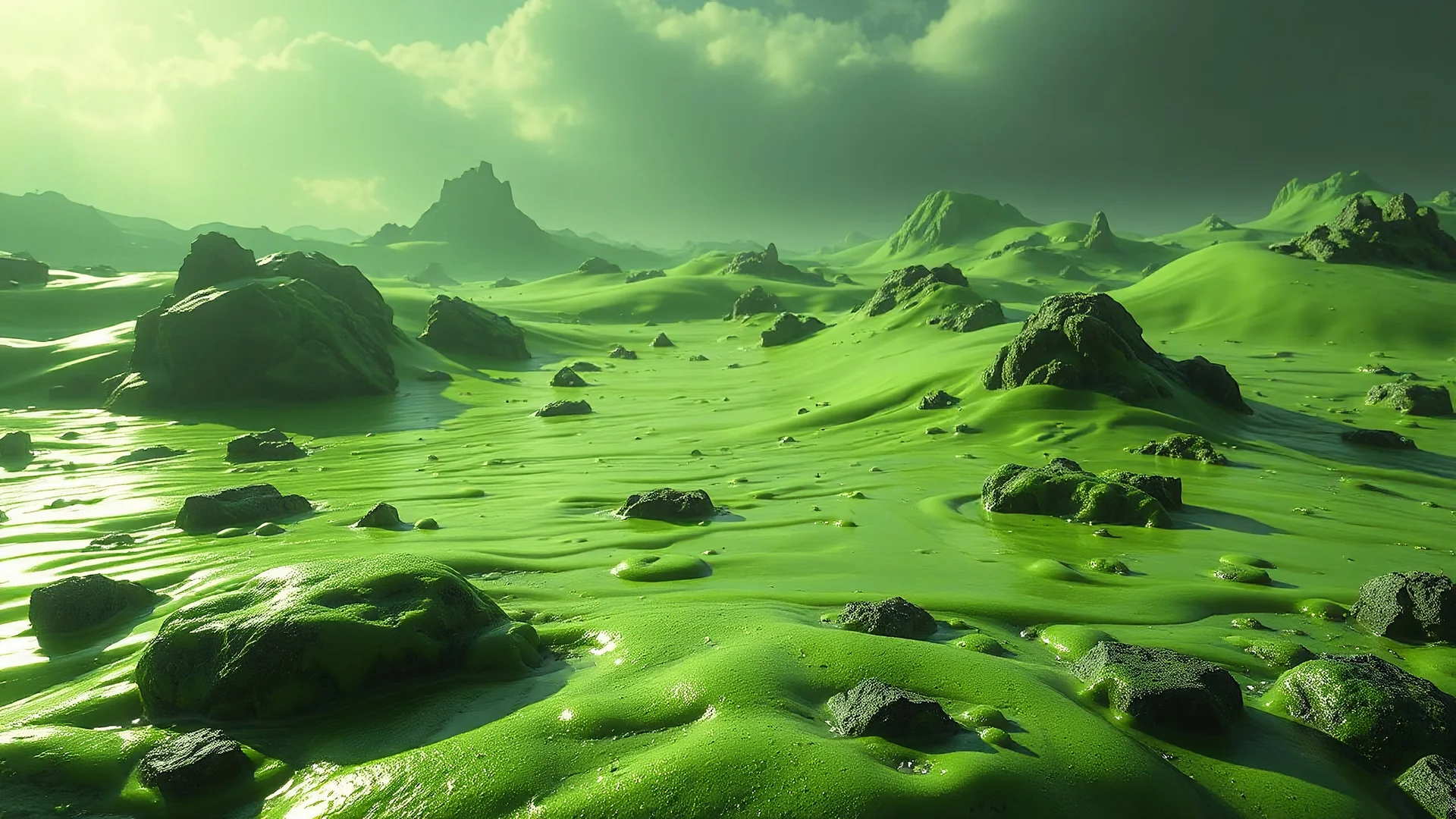 realistic photo of a landscape covered in green slime that looks futuristic with futuristic lighting