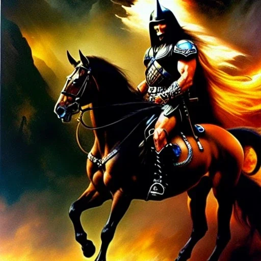 portrait oil on canvas, Death Dealer riding black horse ,comic book cover, mystical colors,insanely detailed,realistic,intrincate detail, 16k resolution, masterpiece,Frank Frazetta,Alex Horley, Simon Bisley,Oscar chichoni