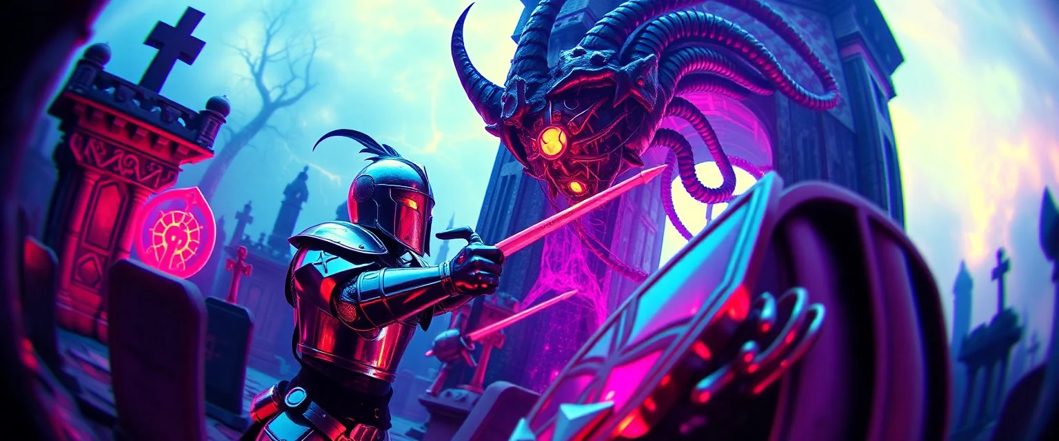 Epic portrait of knighted paladin vs demi-lich in tower cemetery in the style of Giger and Escher in Transparent Psychedelic Fluorescent Colors looking like a Record Cover, multidimensional depth of field, fish eye lense