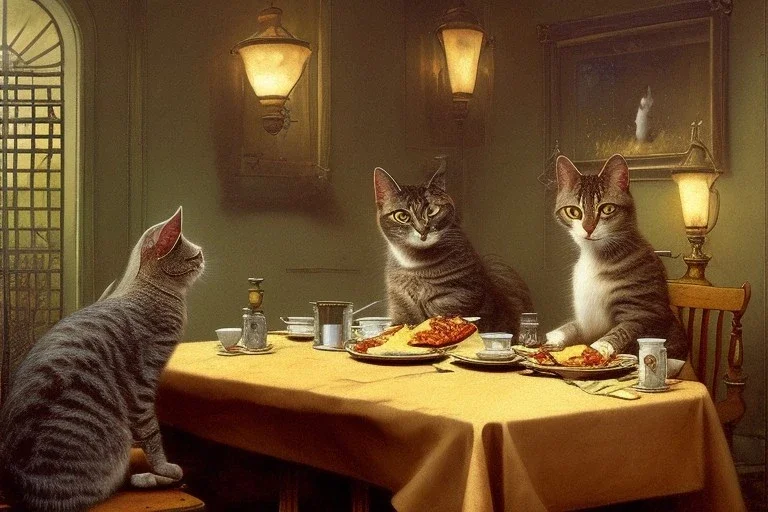 Two cats are having breakfast sitting at a table Painting like John Atkinson grimshaw