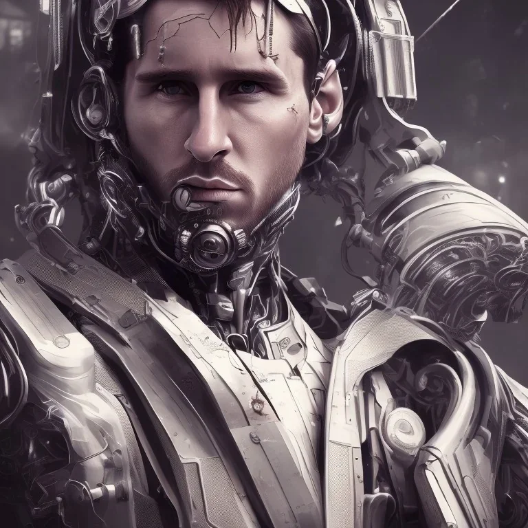 portrait post-apocalypse perfect face lionel messi cyborgs in a cyberpunk city, sci-fi fantasy style, 8k,dark