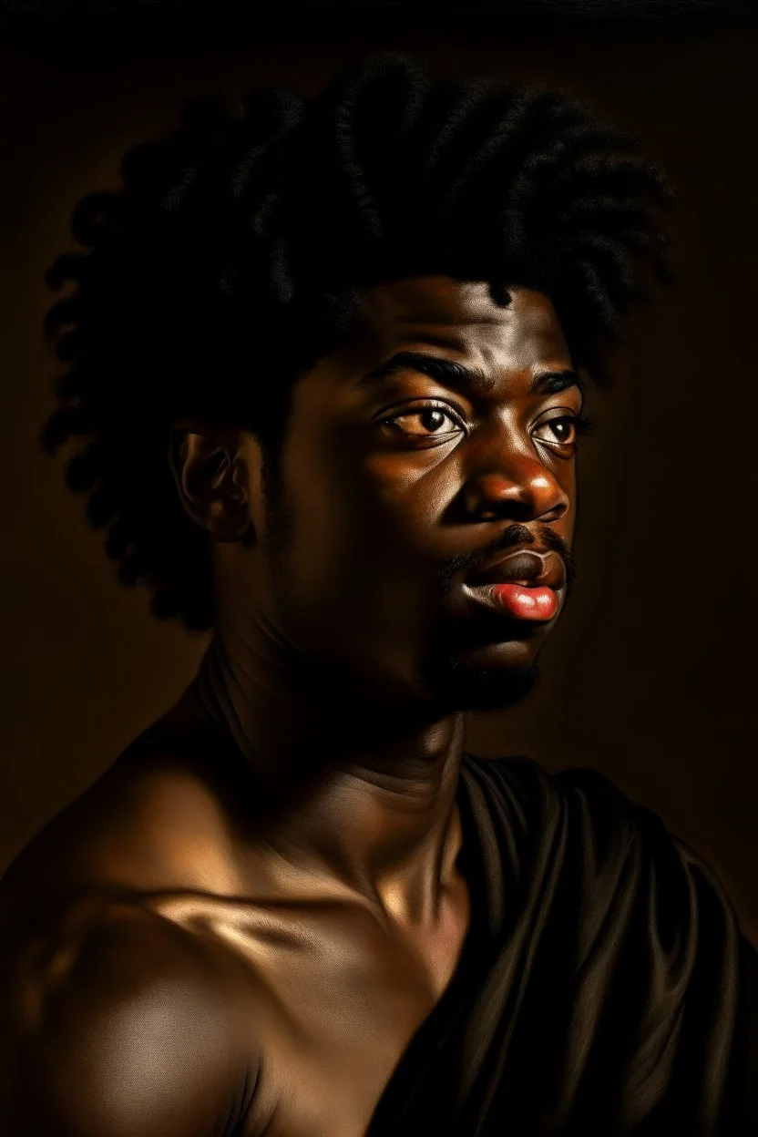 A portrait of a young black man, curvy black hair, Caravaggio style