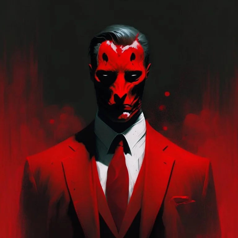 a sinister figure wearing a red suit with a red tie with no face and dirty slicked back hair