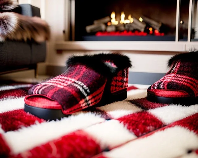Red plaid slippers laying on a fur rug by kiva fireplace
