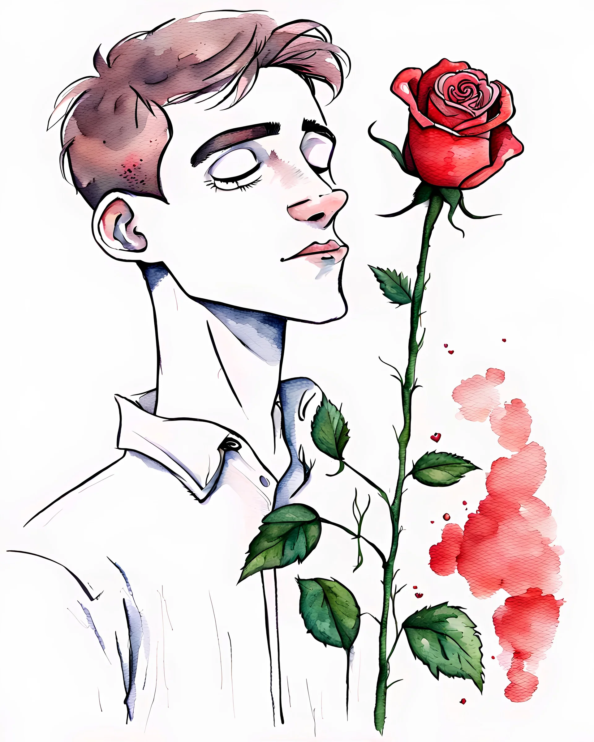 The young man dies and withers like a rose and does not repent of love, cartoon, cute drawing, watercolor.
