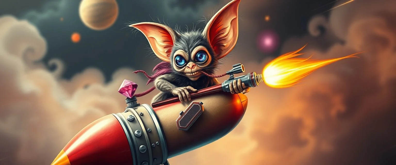 hairy macho gremlin alien pimp Homunculus – living in a hi tech marvellous hot dog art graphics and gems on rocket with a mounted sling shot mega harpoon, heading for venus , background motion blur and smoke swirls