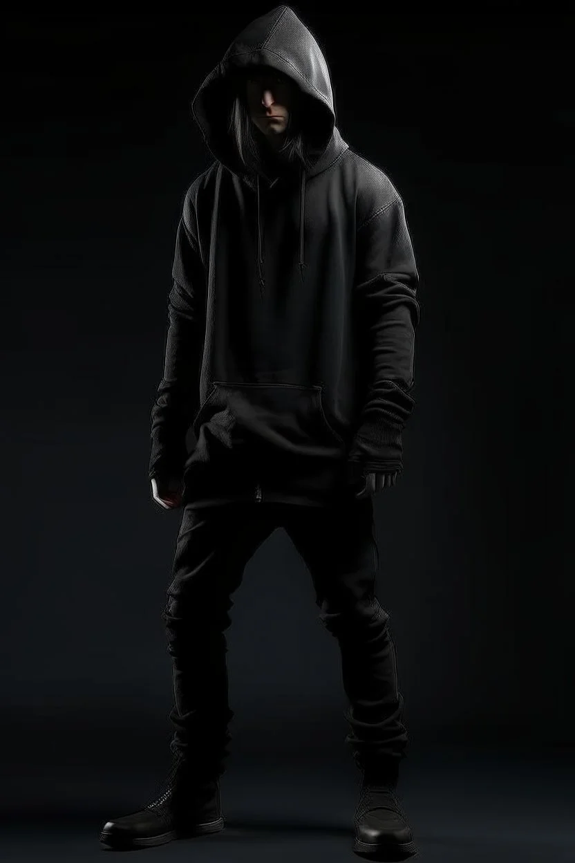young human rogue in dark clothing hood down full body