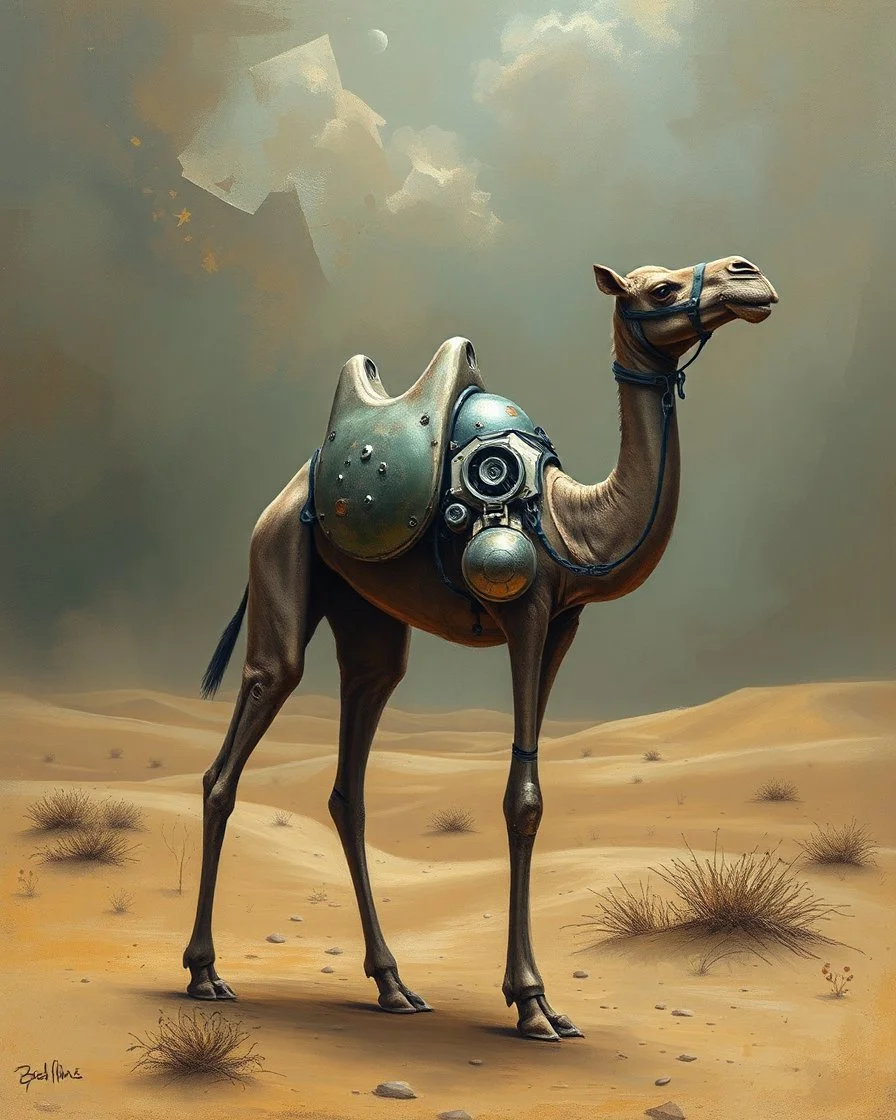 Bosch painting style ,nightmare, a camel looks like a robot made of metal in the desert