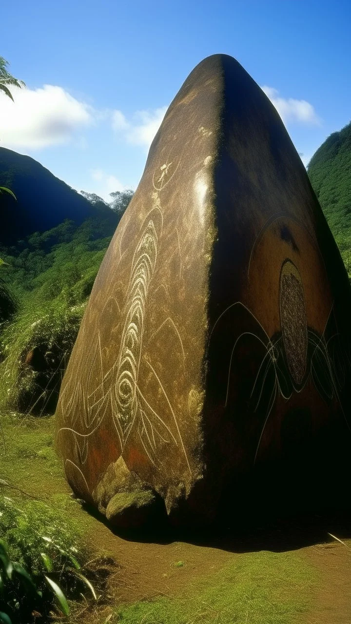 A brown mountain with runestones designed in cave paintings painted by Paul Gauguin