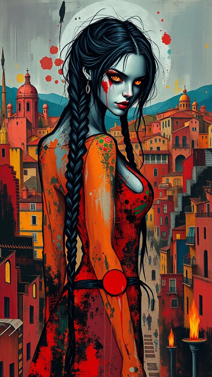 full body, wildly stylized abstract realist painting of a bold, audacious female vampire with highly detailed long dark braided hair and facial features and luminous glowing eyes in the style of Jeremy Mann, her silhouette residing amidst bold, attention-grabbing abstract design that's defined by a wash of vibrant, highly saturated natural hues, juxtaposed against stark, surrealist medieval Spanish landscape of bustling colored cityscapes