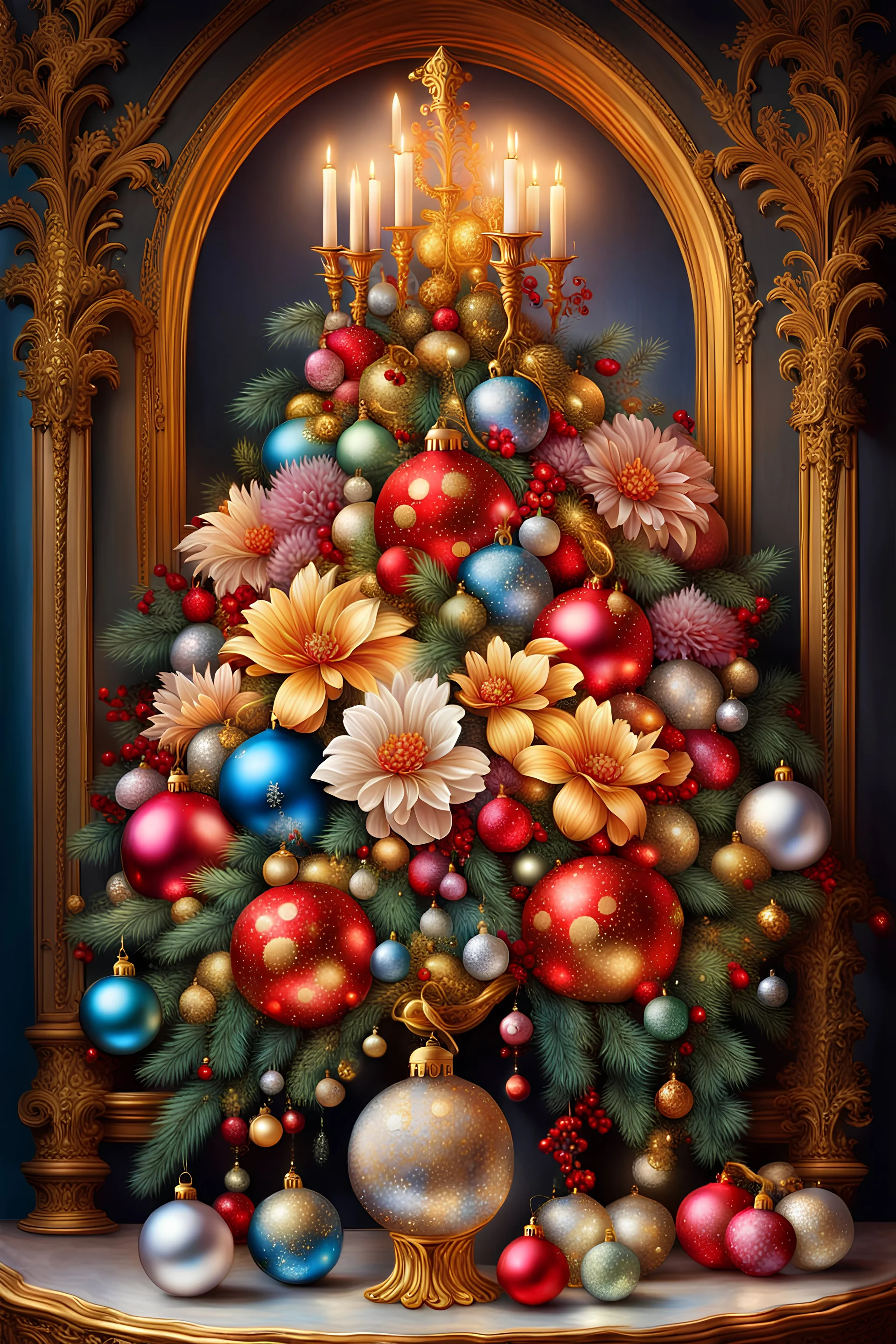 An opulent and extravagant display of baroque flowers entwined with sparkling and festive Christmas ornaments. This breathtaking image, perhaps a meticulously crafted and vividly colorful painting, captivates the eye with its vibrant combination of intricate floral arrangements and ornate holiday decorations. Each exquisite bloom is adorned with dazzling baubles and shimmering lights, forming a harmonious fusion of baroque elegance and Yuletide charm. The impeccable attention to detail and exqui