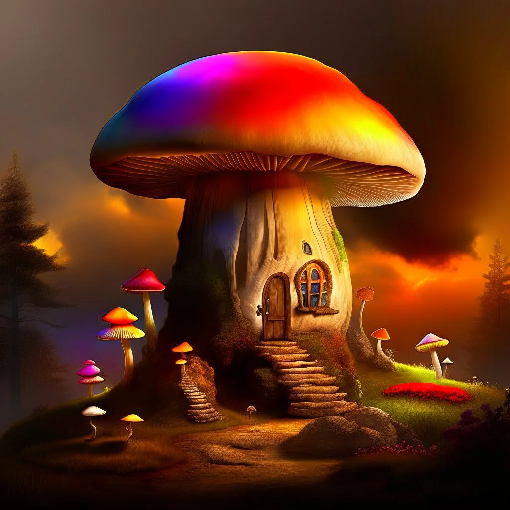 A rustic white, orange, and green (((mushroom house))) perched atop a (tall geologic pillar), surrounded by a ((( rainbow haze ))), offset by the subtle hues of an (dark space scape), within. captured by the hand a skilled master painter with a focus on (hard bold compositions and voluminous lighting).detailed matte painting, deep color, fantastical, intricate detail, splash screen, exaggerated colors, fantasy concept art, 8k resolution