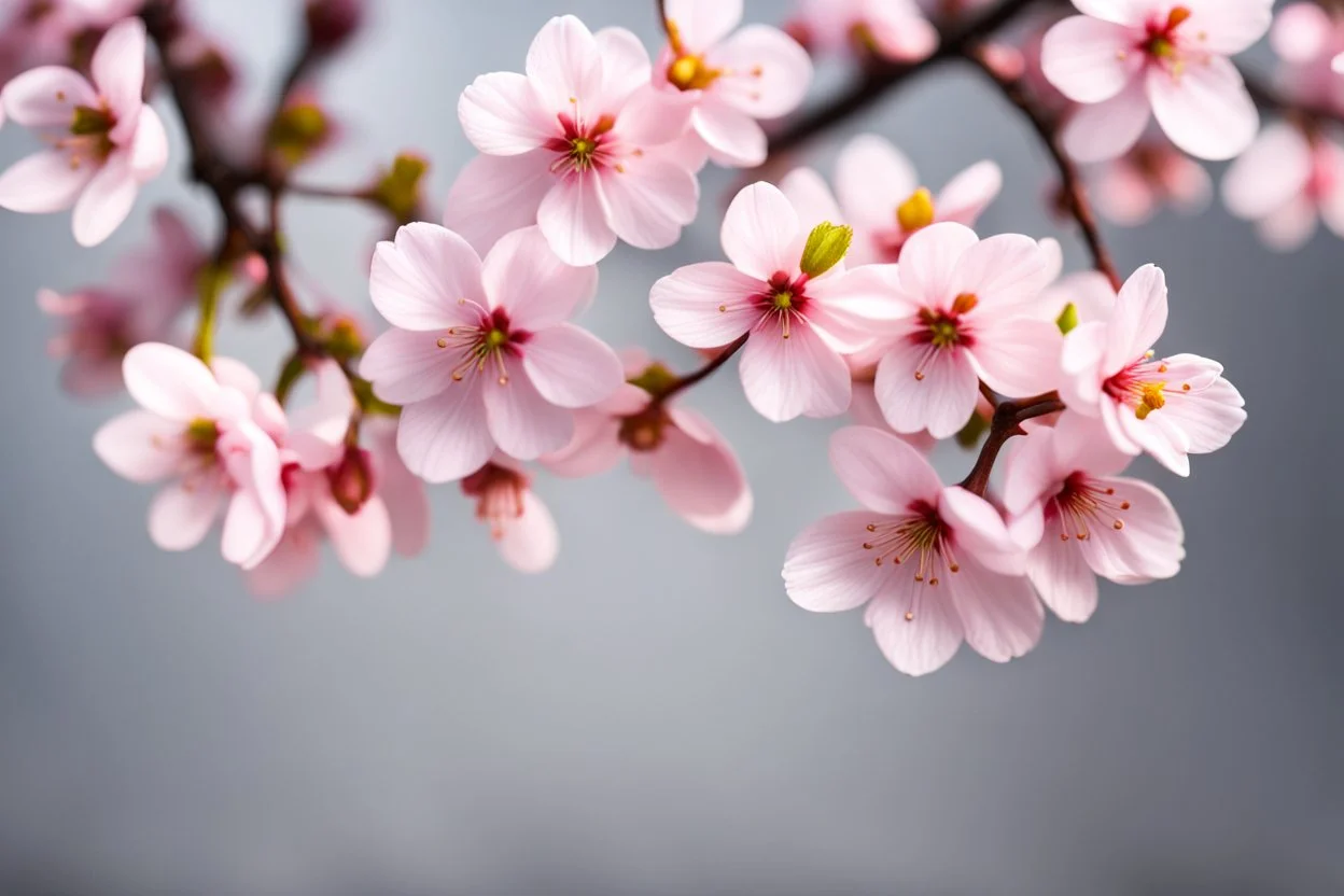 fantastic light pin gray background with four bunches of cherry blossoms on blurred background