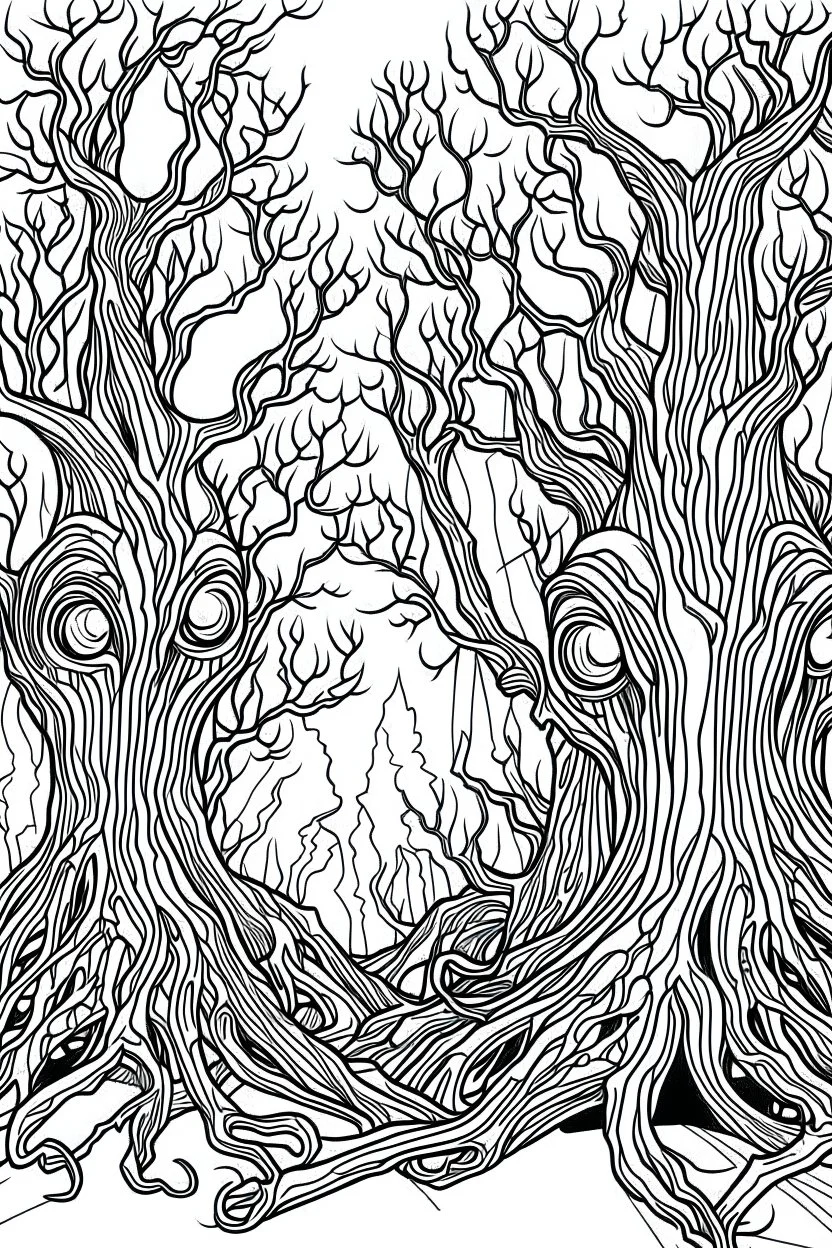 A creepy forest with gnarled trees, glowing eyes peeking through the darkness.. Outline, sketch style, only use outline, mandala style, clean line art, white background, no shadows, no clear wall, coloring page.