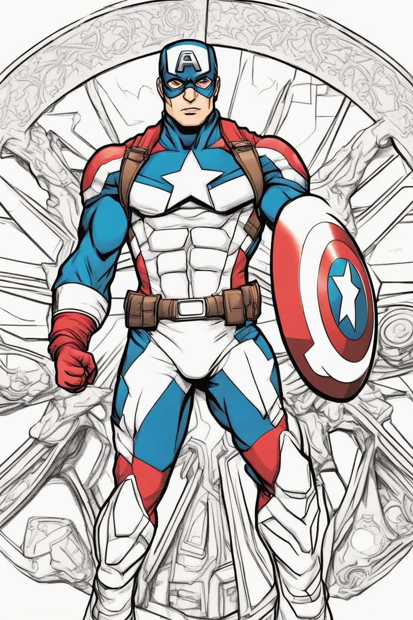 out line art of CAPTIAN AMERICA super HIRO colouring pages with white background ,skech style ,full body. only use outline,mandala style,clean line art,white background,no shadow and clear and well outlined