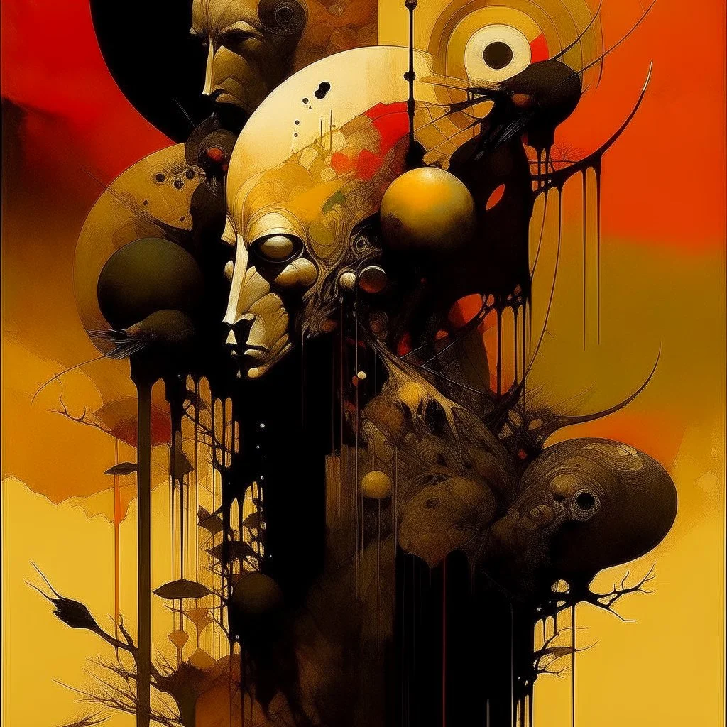 Strychnine totem, abstract surrealism, by Joe Fenton and Dave McKean, silkscreened mind-bending illustration; warm colors, off-centered fragmented composition, multiple stages of grief, dark shines war,